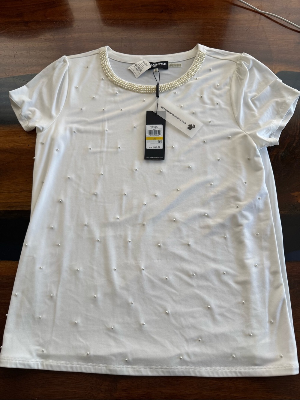Karl Lagerfeld: White Short Sleeve Top with Pearl Neckline